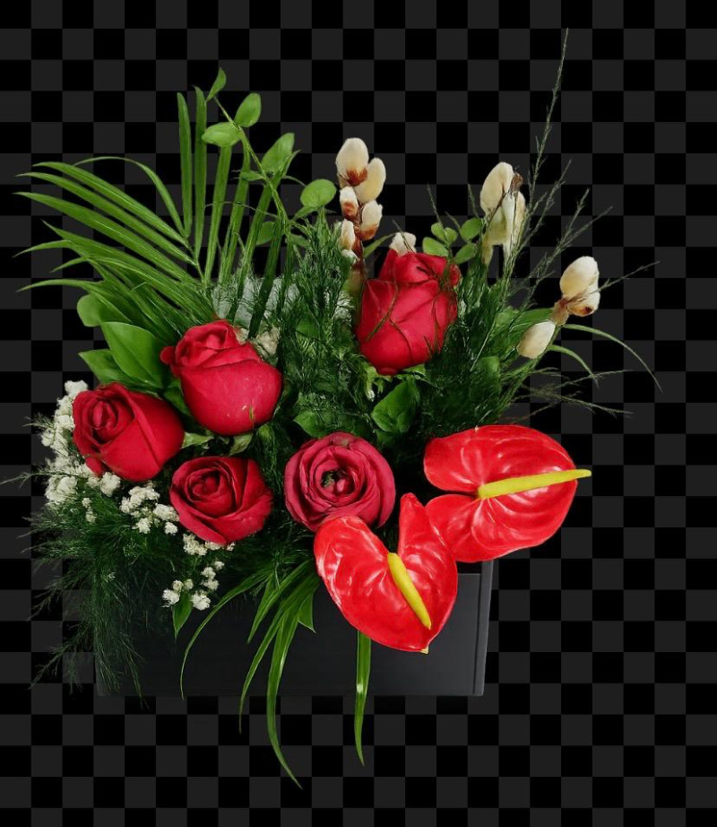 kırmızı antoryum ve kırmızı güller